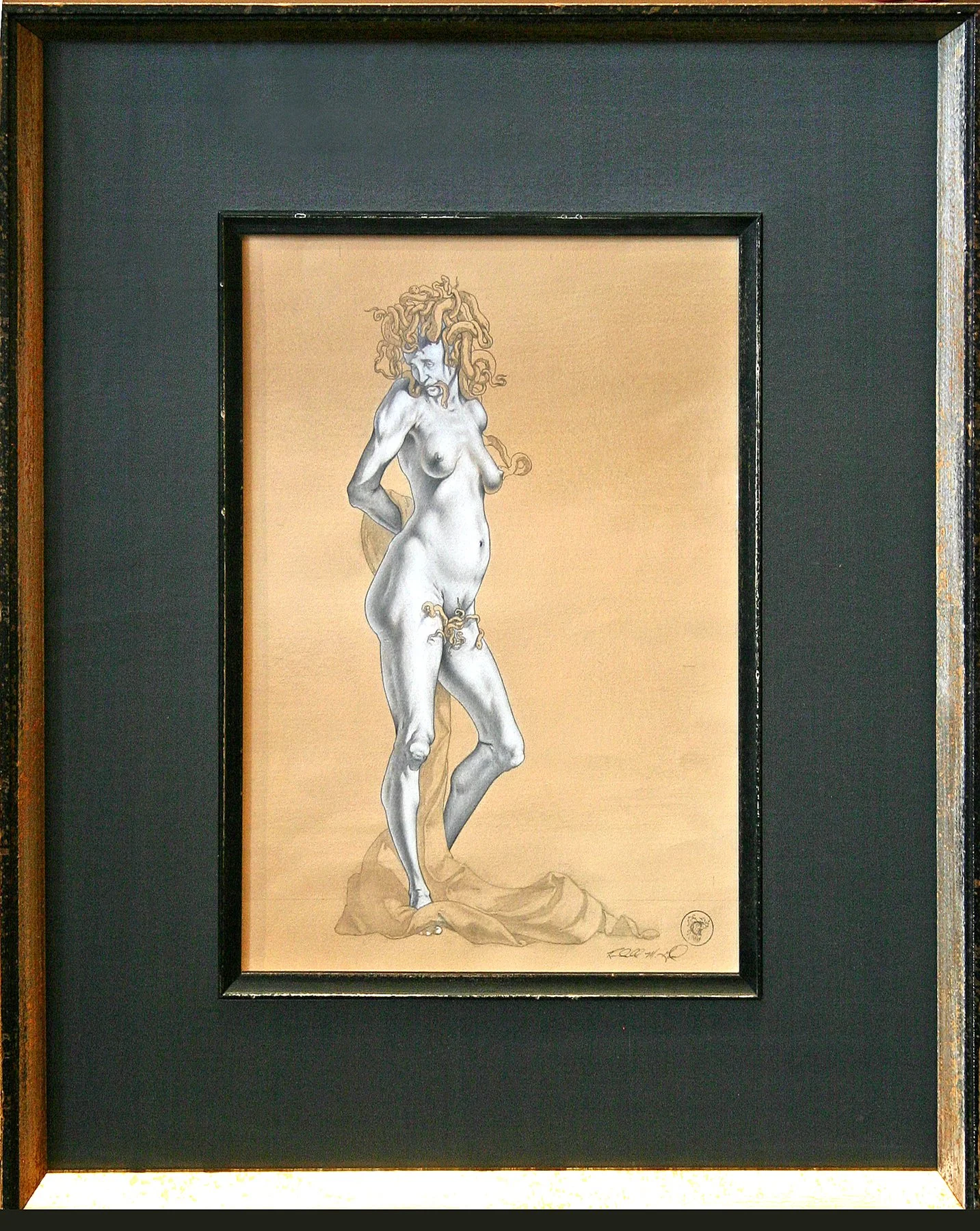 Medusa  Conte on tinted paper       image 21” x 15”      frame 30.5” x 26”