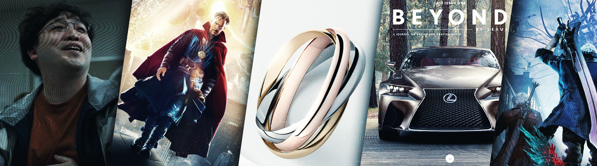 This image features a collage of various scenes and objects, including a person with glasses, a superhero character, a collection of jewelry bands, a car in a wooded area, and a person wielding a sword.