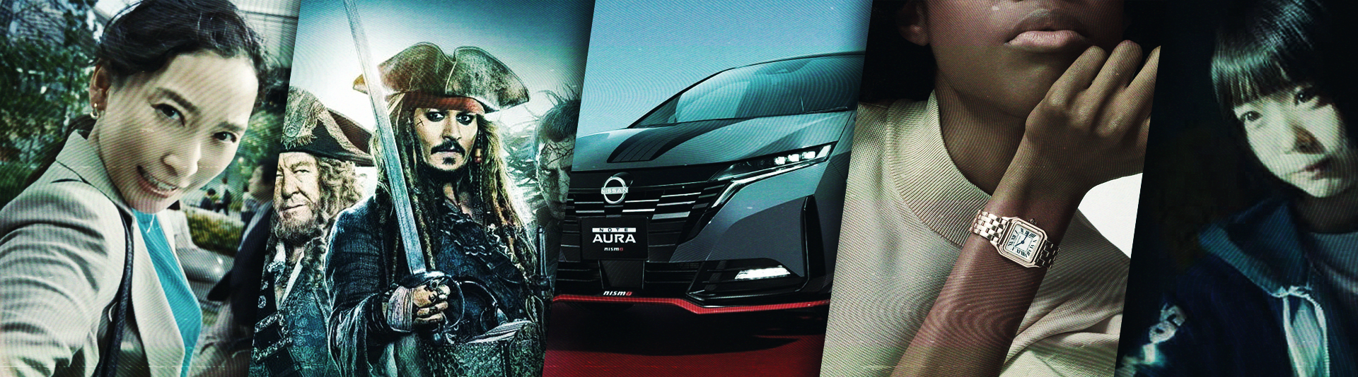 Collage of six diverse people and a car.