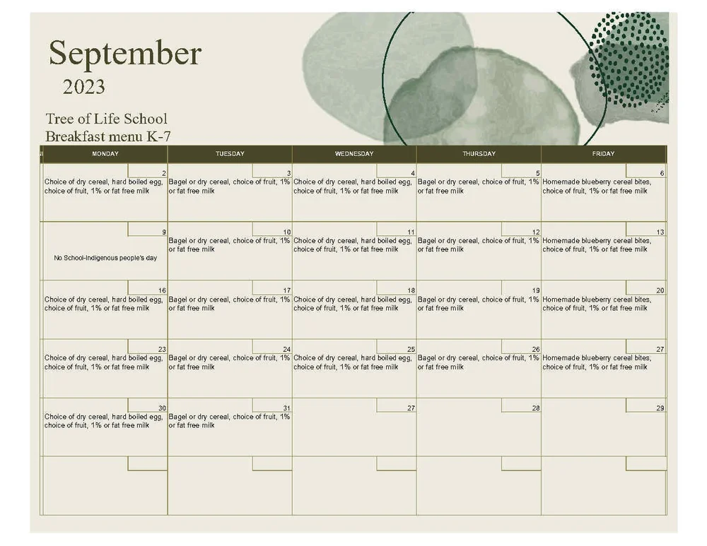 Menus tree of life charter school