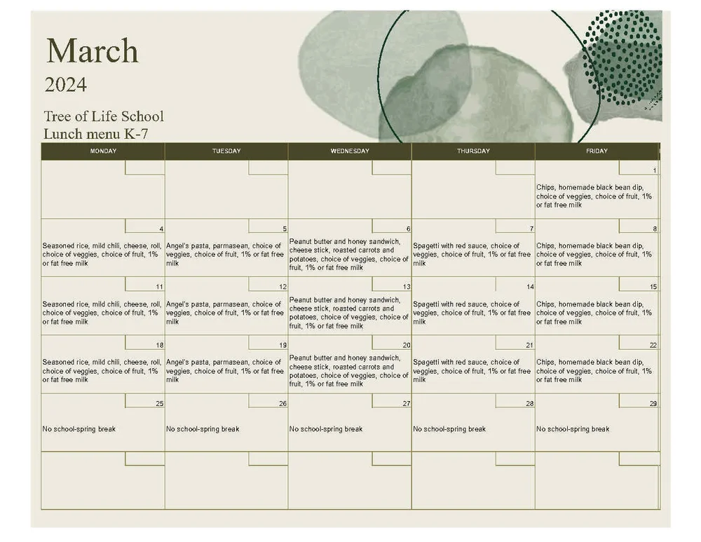 Menus tree of life charter school
