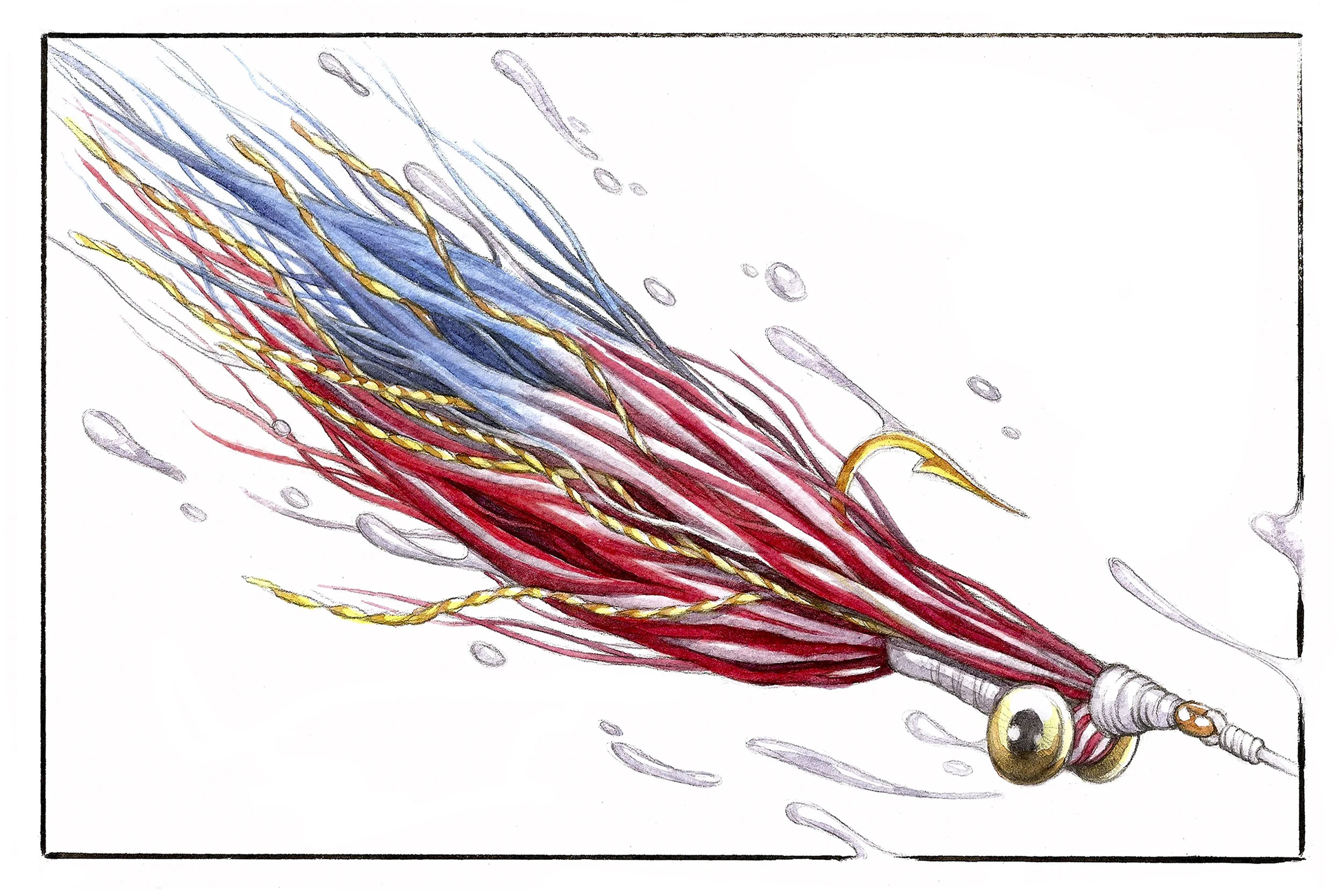 Patriotic Clouser Minnow | Pencil, Watercolor, and Marker.
