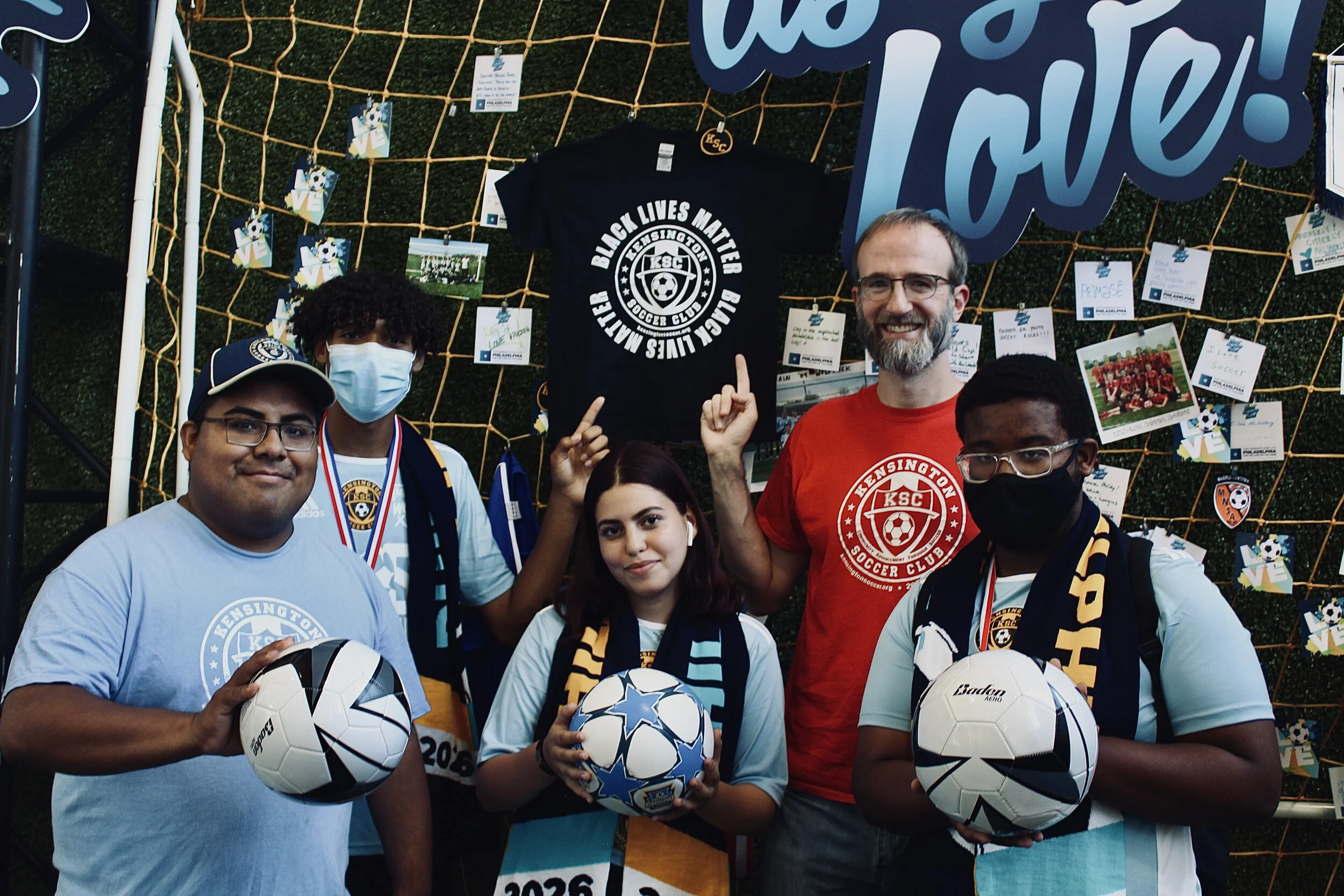 Kensington Soccer Club at the new Philadelphia Soccer 2026 Pitch at Independence Visitors Center. From L to R: Carlos Acosta, Yancarlo Corredor, Zathdielys Davila, Jim Hardy, and Anthony Acevedo./Photo by Alberto Huichapa