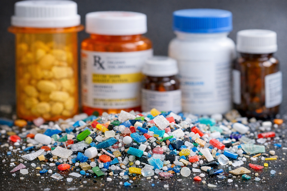 Image of prescription medication bottles behind a pile of multicolored microplastics