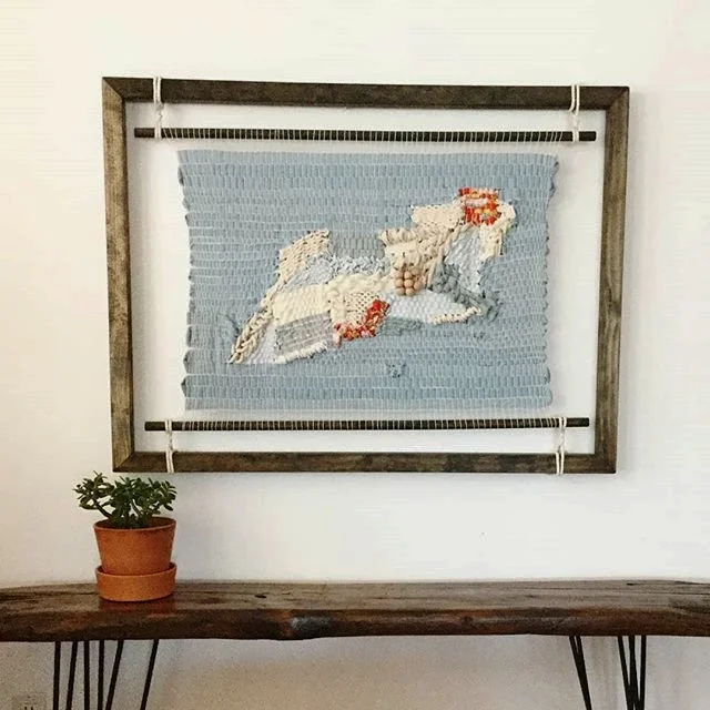 backroads to the mall. textile and mixed media woven on frame loom with apron rods.