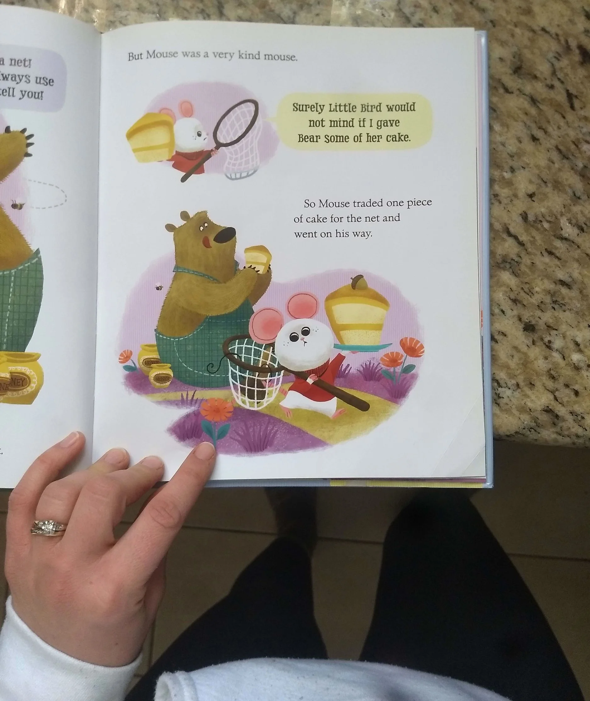 The mouse in this bullshit library book believes that kindness is giving away the entire birthday cake he spent all morning and used up all his materials to make, so he shows up at his friend’s house with nothing.