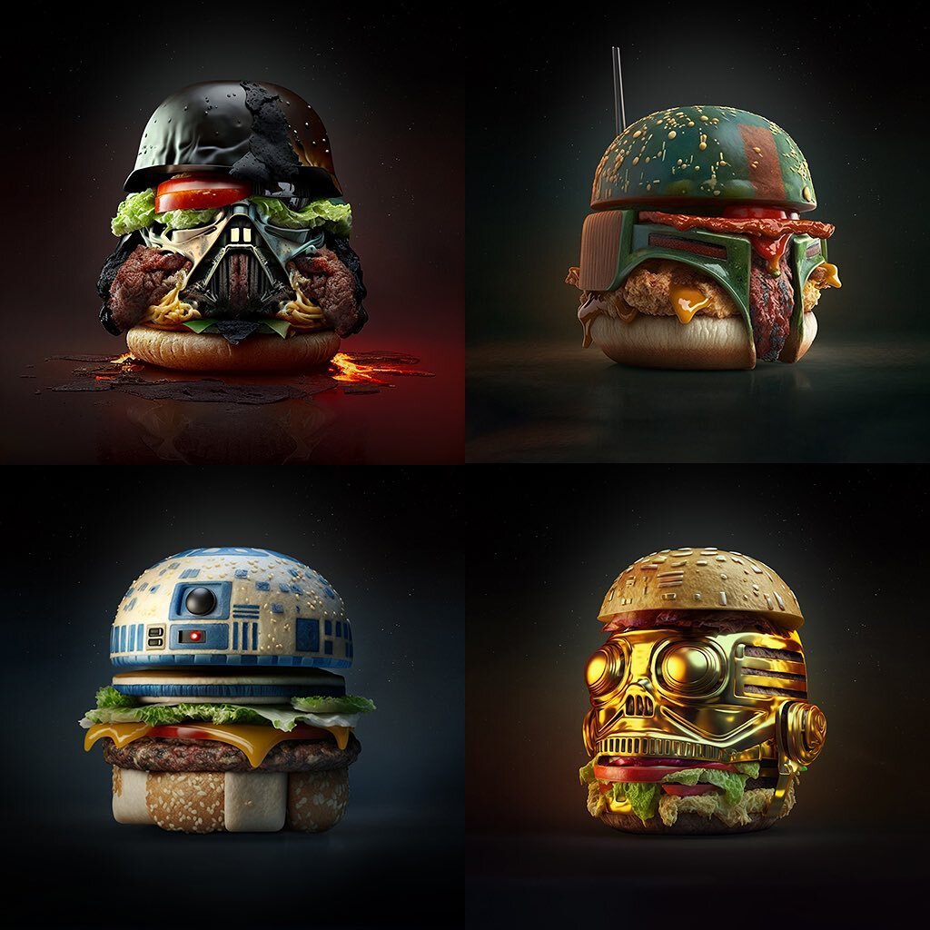 From a fast food in a galaxy far far away, I imagined &ldquo;what if Star Wars characters were burgers.&rdquo; 
.
.
.
#ai #aiart #aicommunity #food #foodporn #starwars #darthvader #hamburger #burger #burgerwars #r2d2 #c3po #bobafett
