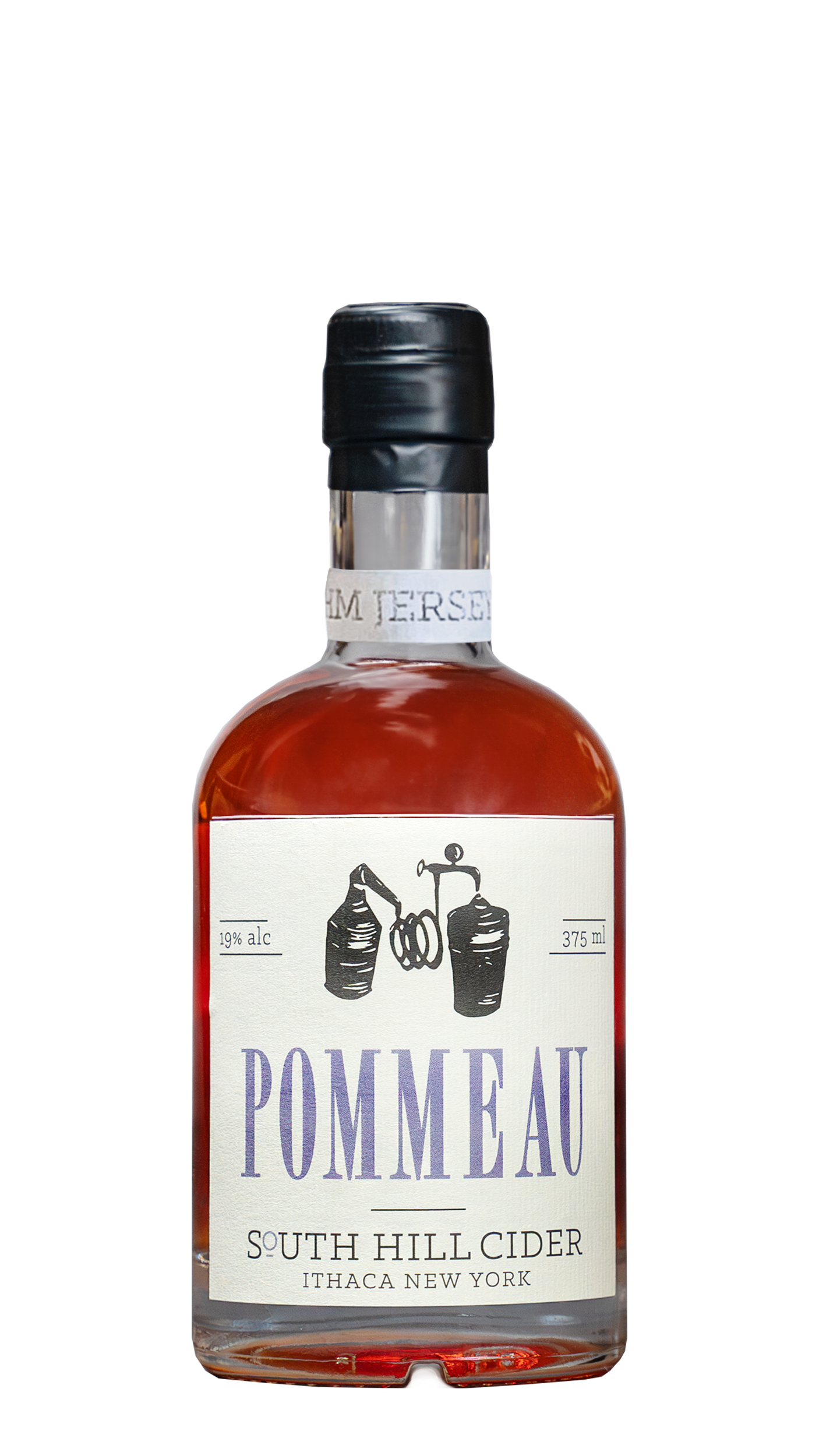 Bottle of South Hill Cider's Harry Masters Jersey Pommeau, labeled as 19% alcohol, with a rustic cider press illustration and Ithaca, New York branding.