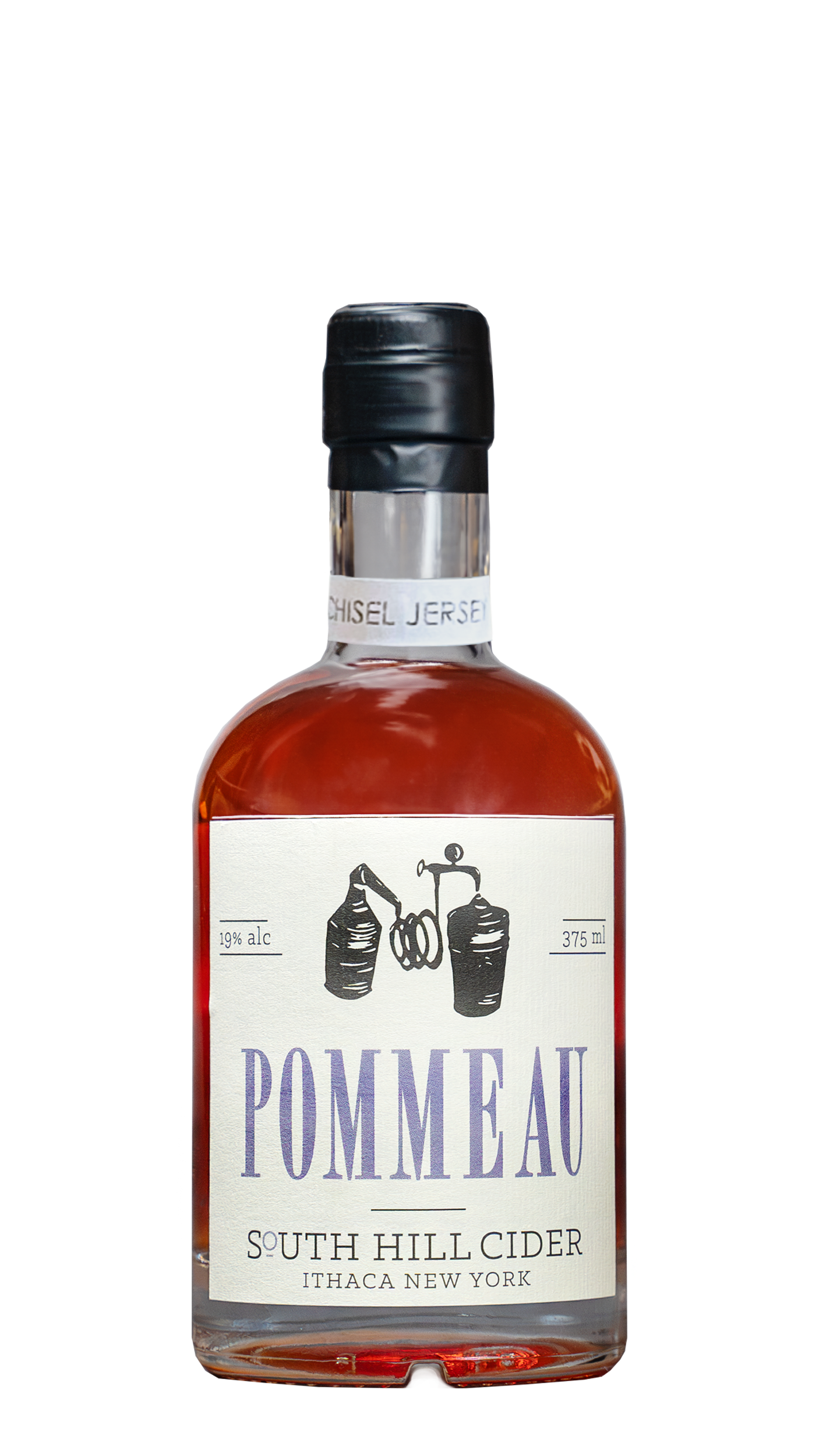 South Hill Cider Pommeau bottle with a black cap, featuring a label with vintage cider press illustrations. The text reads 'Pommeau, 19% alc, South Hill Cider, Ithaca New York, 375 ml.