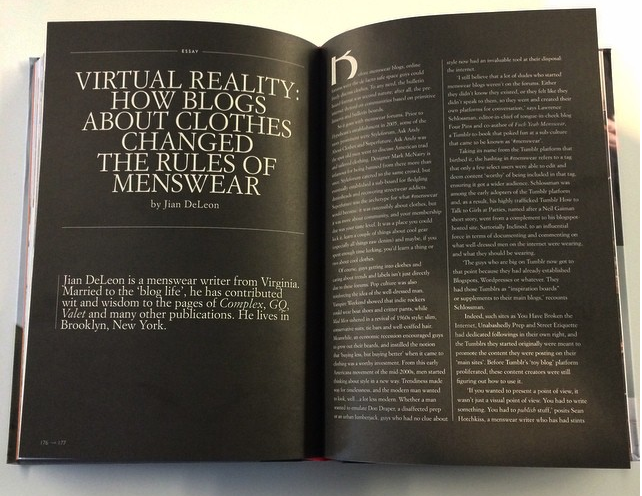 Essay: "Virtual Reality: How Blogs About Clothes Changed the Rules of Menswear," in the book Contemporary Menswear: A Global Guide to Independent Men's Fashion , published by Thames & Hudson