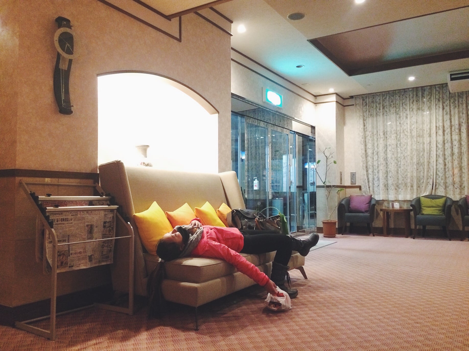 Dead, Marteena getting a few second of sleep in the Lobby since the hotel is still sleeping! 