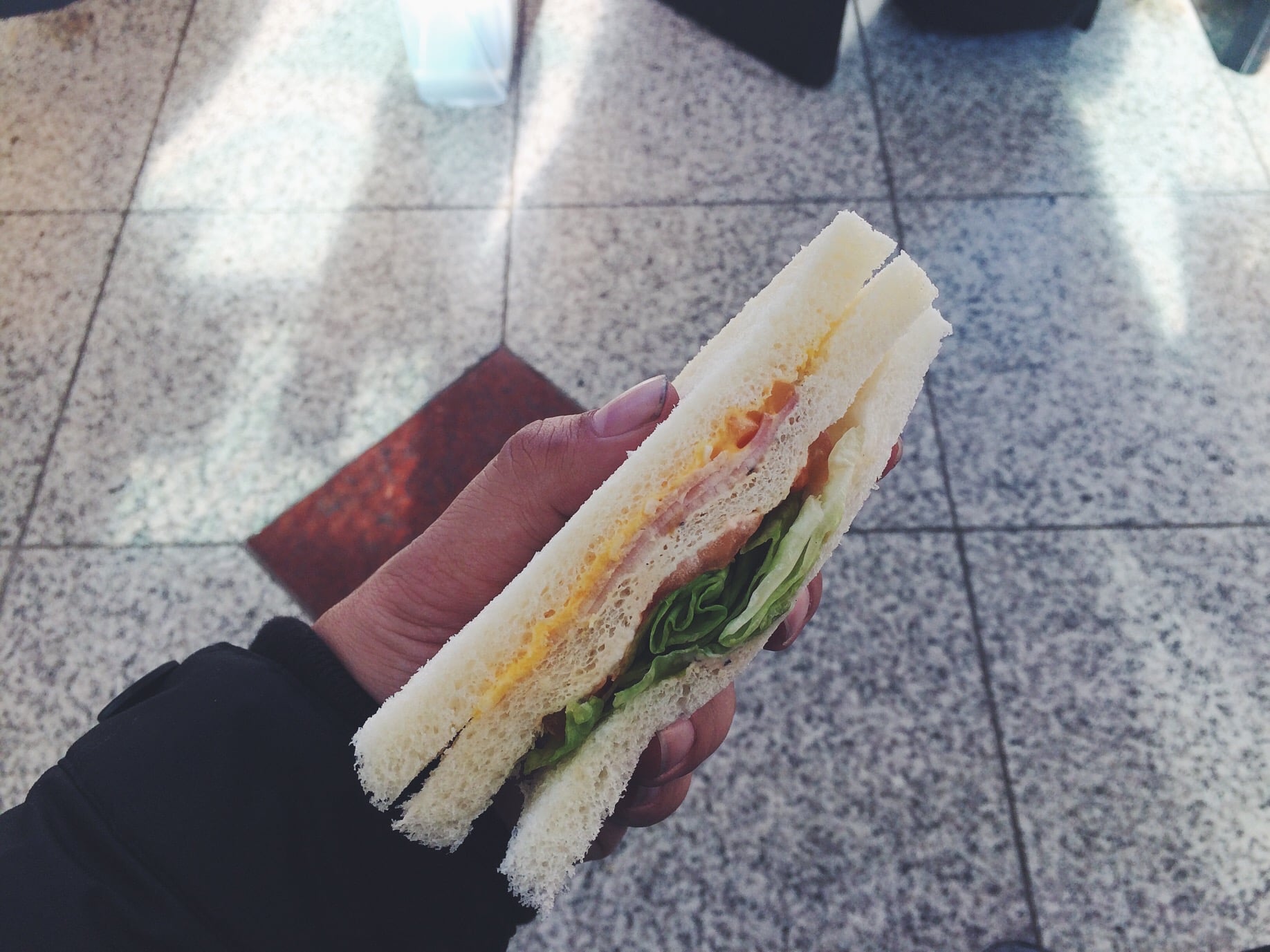 Always snacking, shout out to Ryan Der for putting us on. Told us the sandwiches at 7-11 was good. Look at it, they even cut the crust. 