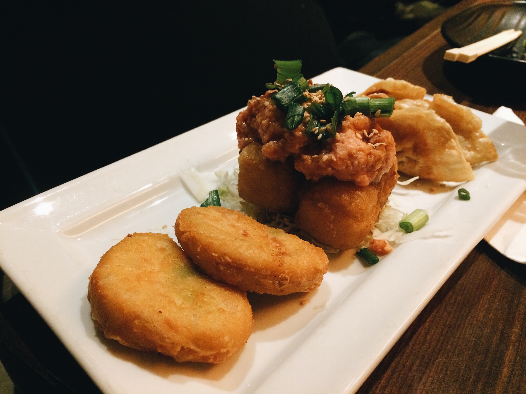 Tofu nuggets, that unknown good good, and fried dumplings. 
