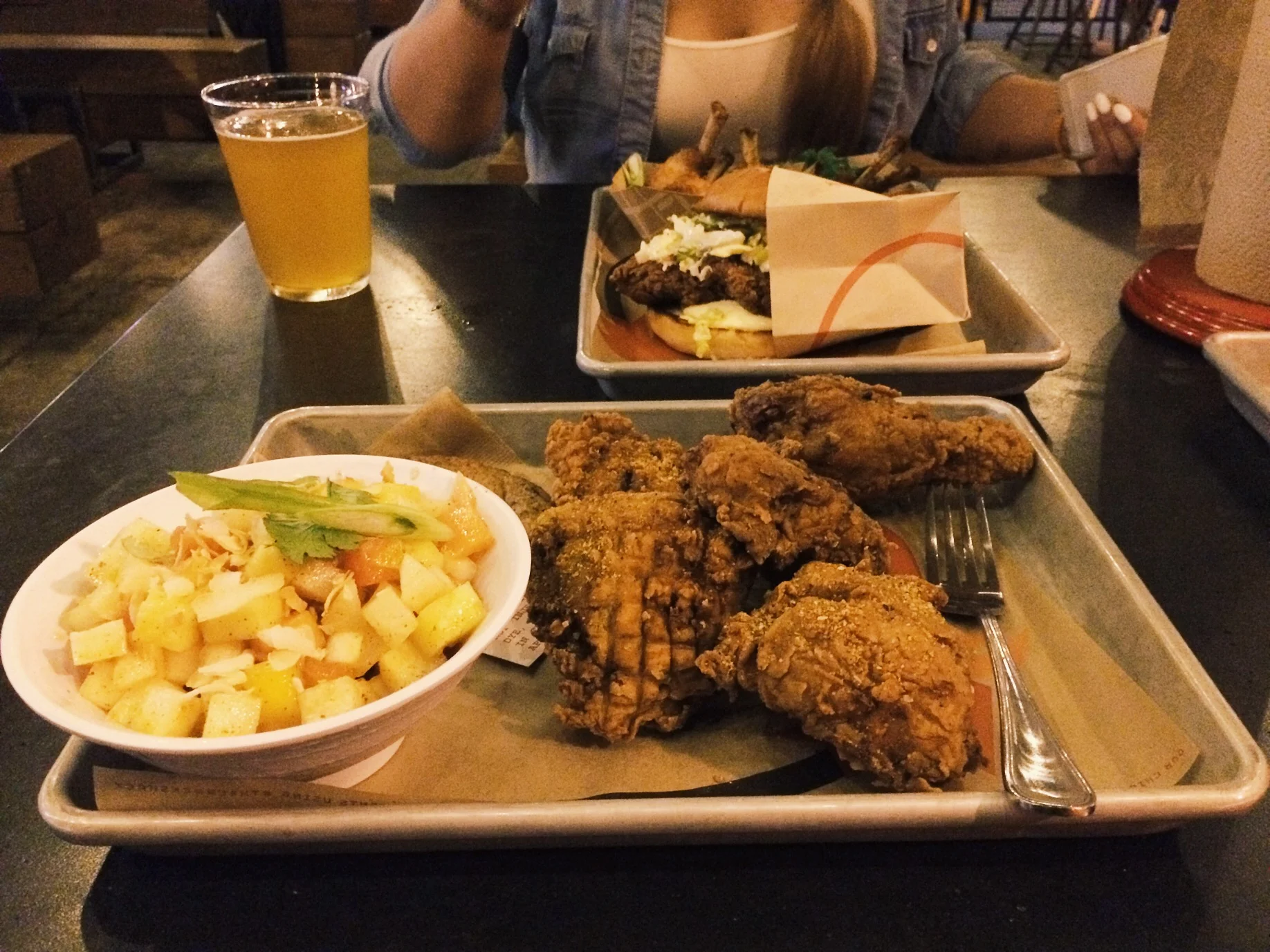 Border Slaw and 5 Piece Fried Chicken. I hate slaw but this was not your typical slaw. It has papaya and mango and a few other shit that taste pretty good. Mild fruity flavor. 