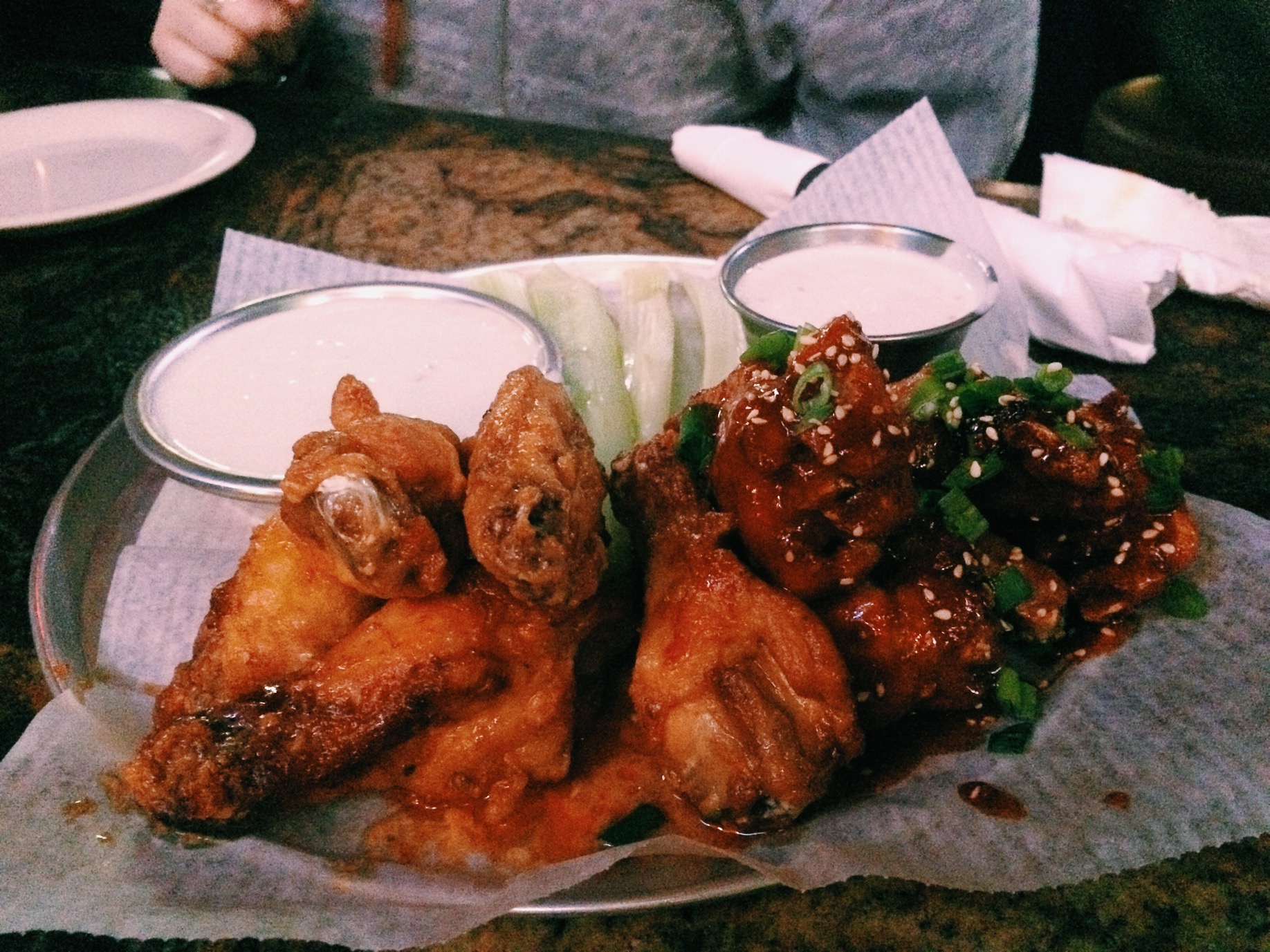 Buffalo wings and Korean Spicy wings. Buffalo was bland but the Korean Spice was pretty damn good. 