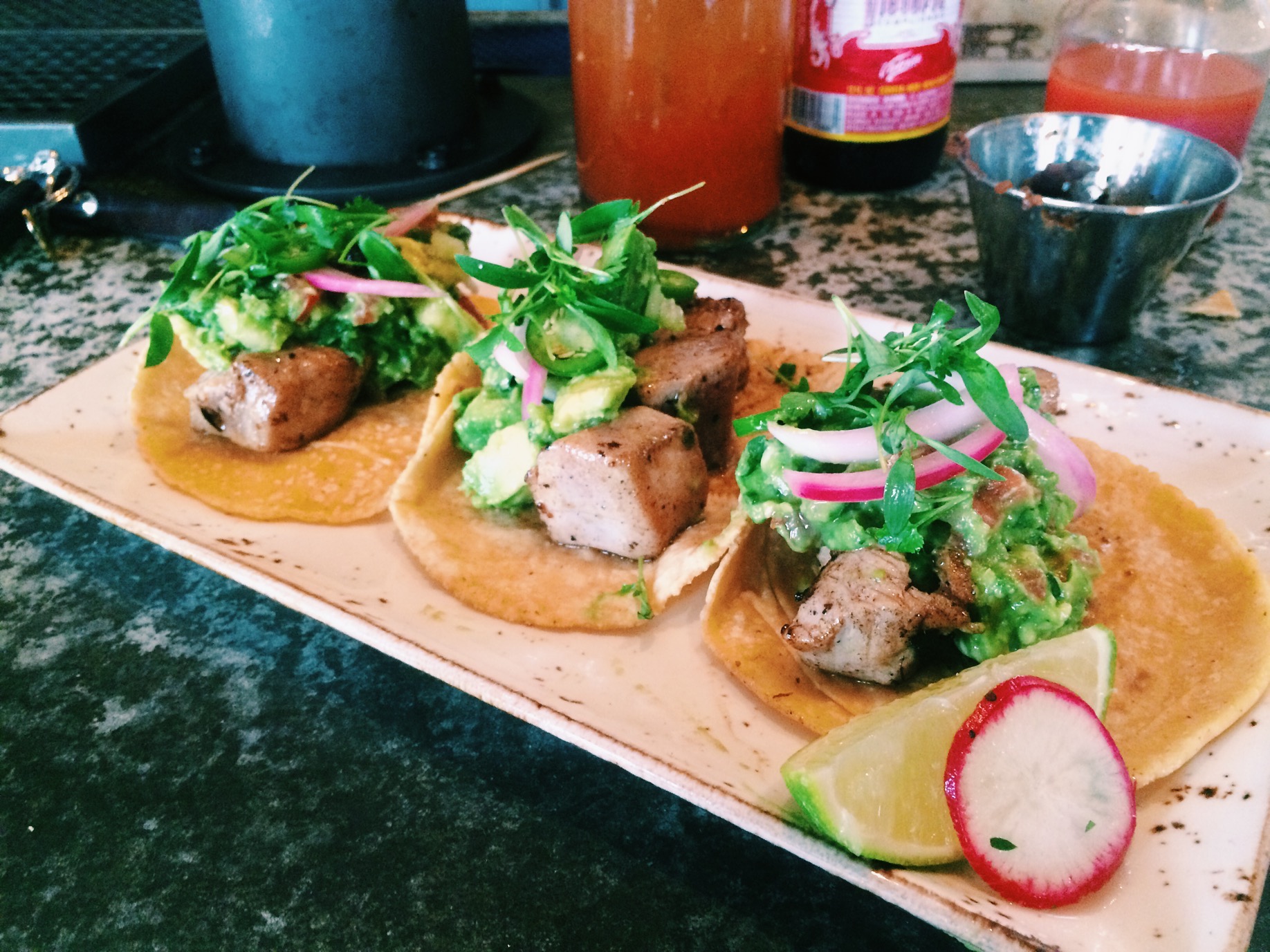 Three Tuna Asada tacos, I eat healthy. 