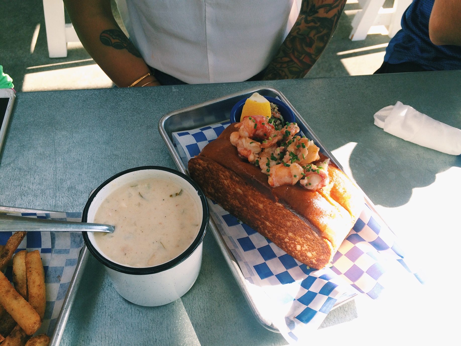 Fries, chowder, and Lobster roll. yum!