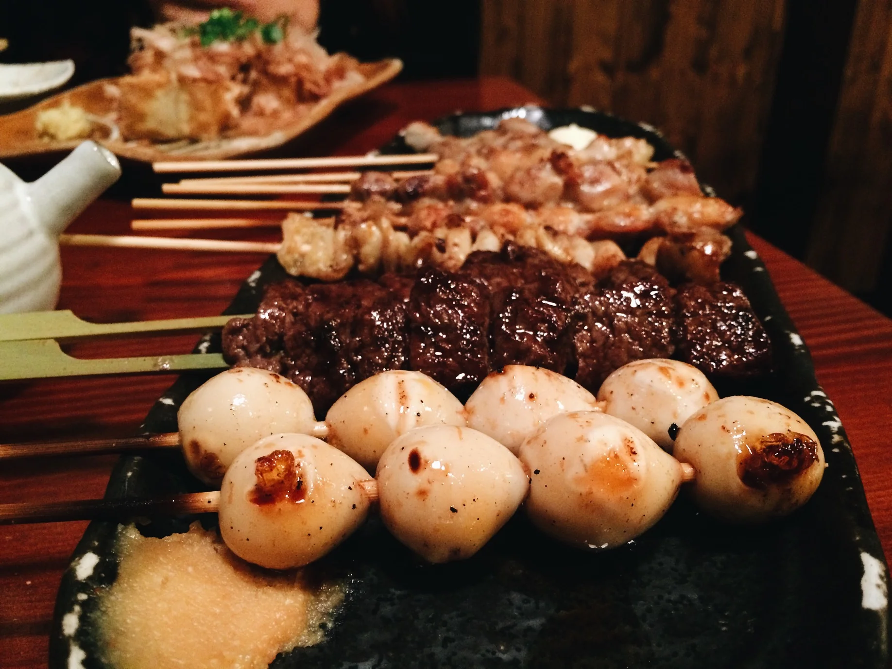 Round 2!! Quail eggs, Chicken Tail (butt I think), More beef, and I don't know who ordered the Chicken Skin but it's there. Oh and Chicken Cartilage. Cartilage is just pointless, never again! 