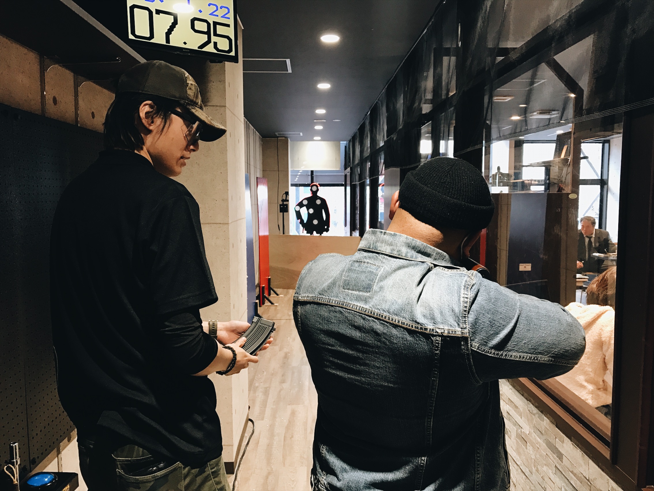 I wanted to get drunk to see how well I can still shoot but I didn't have enough beers. This cost about $10 for 10 minutes for two. You can either compete to see who shoots those targets the fastest or shoot eachother. We shot the targets instead, I won. 
