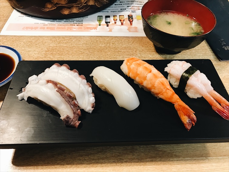 This is what I ordered. To be honest, the BEST way to experience sushi in Japan is one of this special chef ones where you have to reserve months in advanced. Other wise you'll be eating sushi that taste like the one from home. It's good don't get me wrong, we have good sushi in San Diego too. 