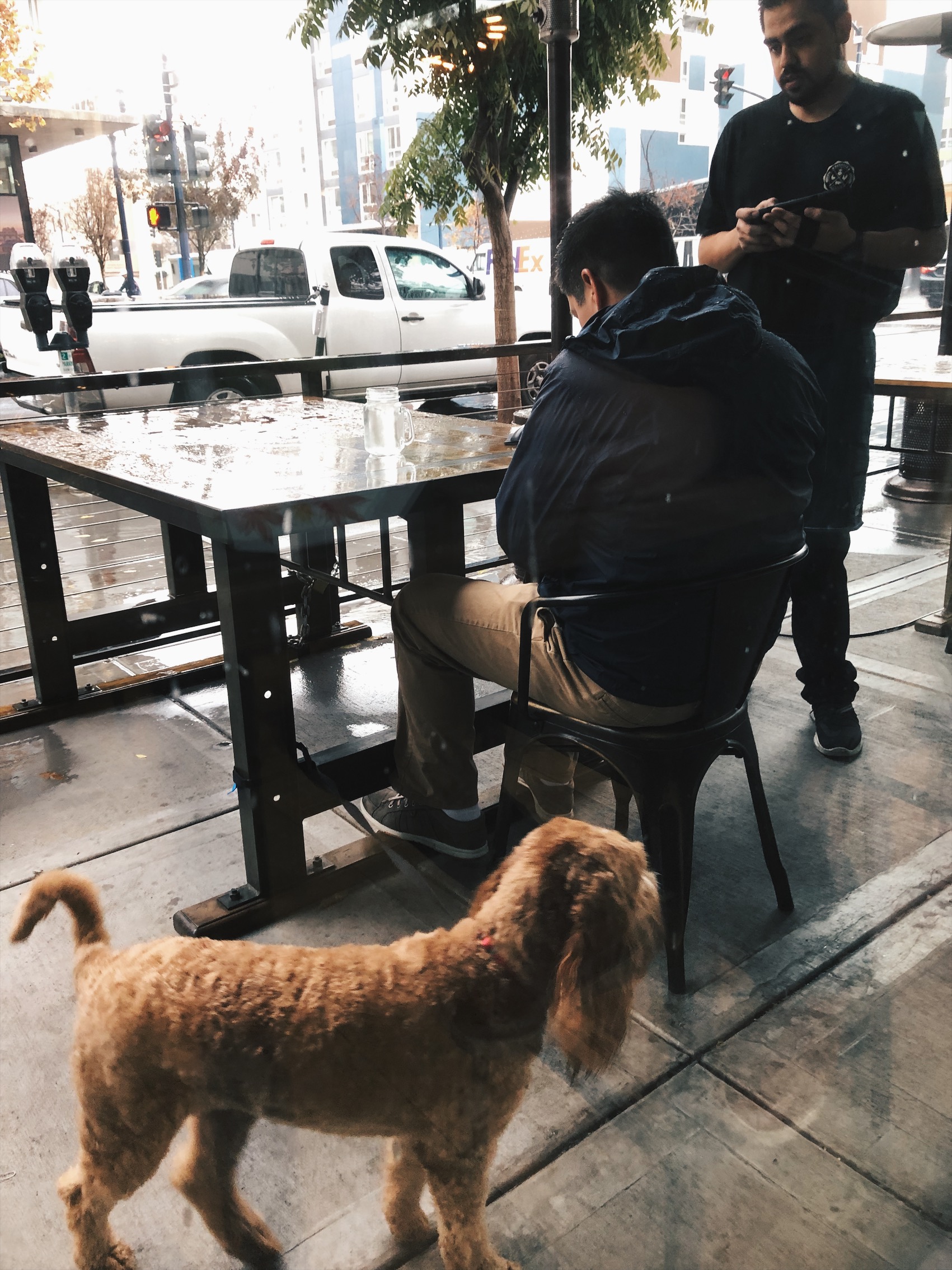This guy sat outside with his dog, it was cold and rainy.