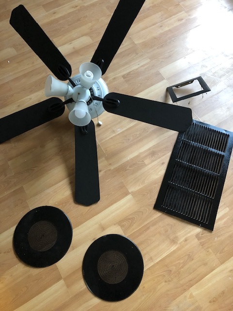 Shout out to Donald for this ceiling fan. I painted the blades black, vents black, and ceiling speaker covers black as well.