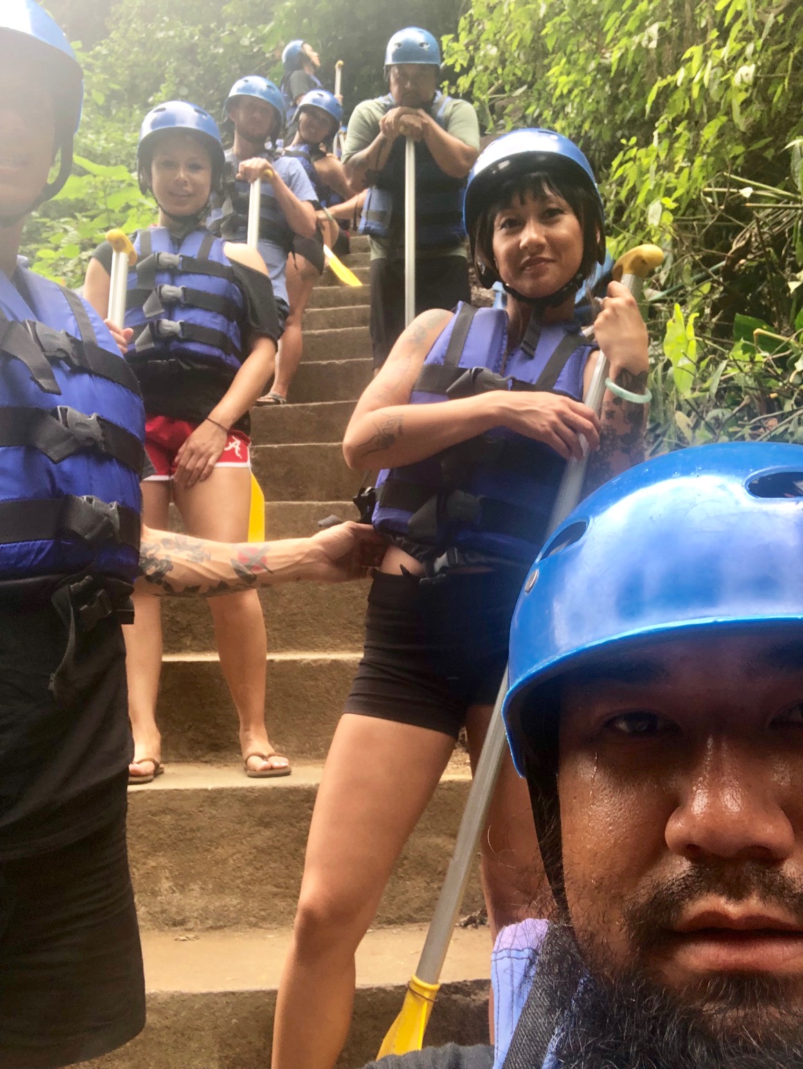 The only photos we have from the rafting. We hiked down these stairs to the river, and took a group photo at the bottom. I was terrified btw, but when we got on it I got super into it! It was SOOOOO MUCH FUN!!