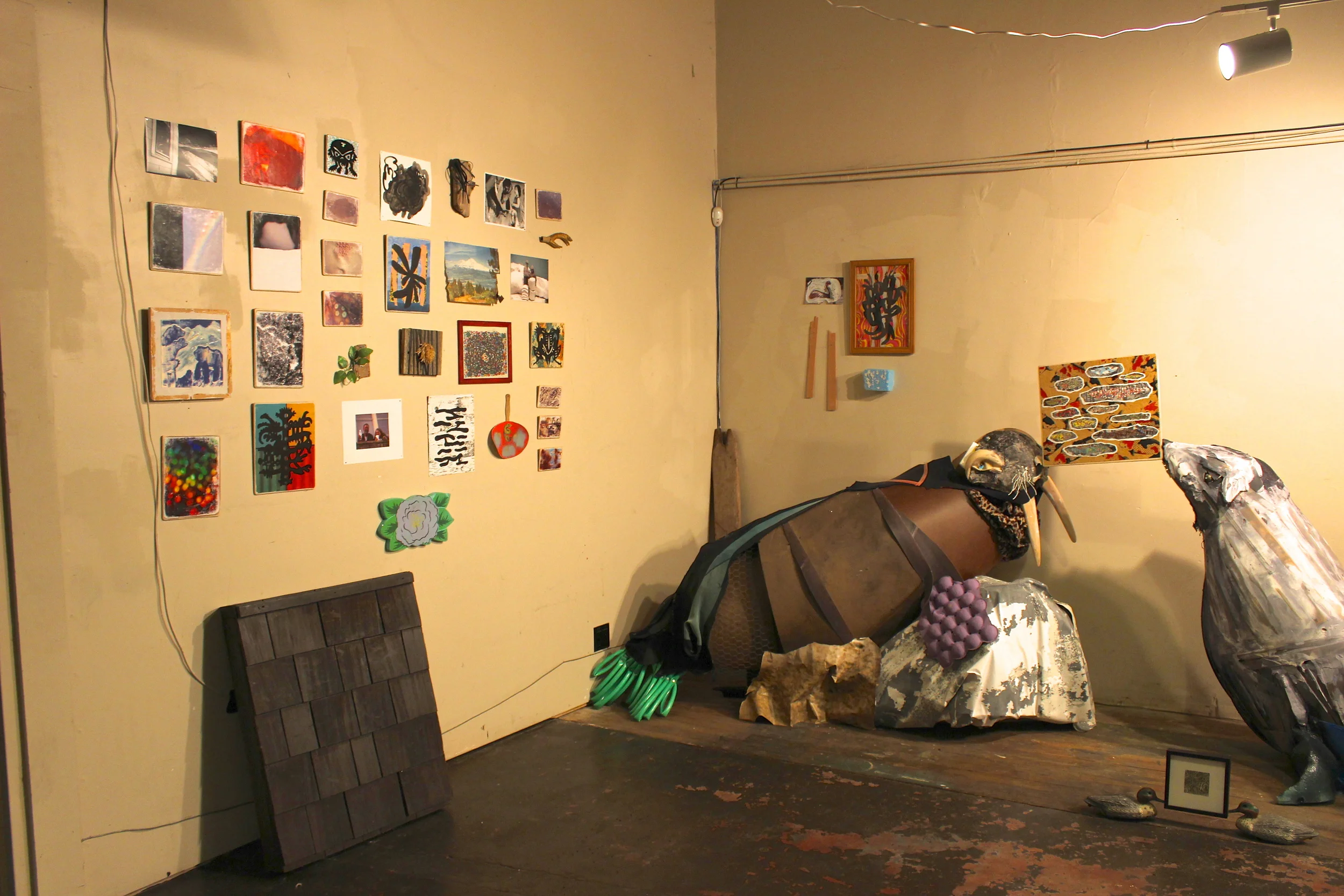   Walrus and Seal  (detail of  Great North American Bird Dog) , collaboration with Jessica Baer: 2-D work, 2012, photos, paintings, collages, sculptures, found materials, 15' x 10' x 10'   