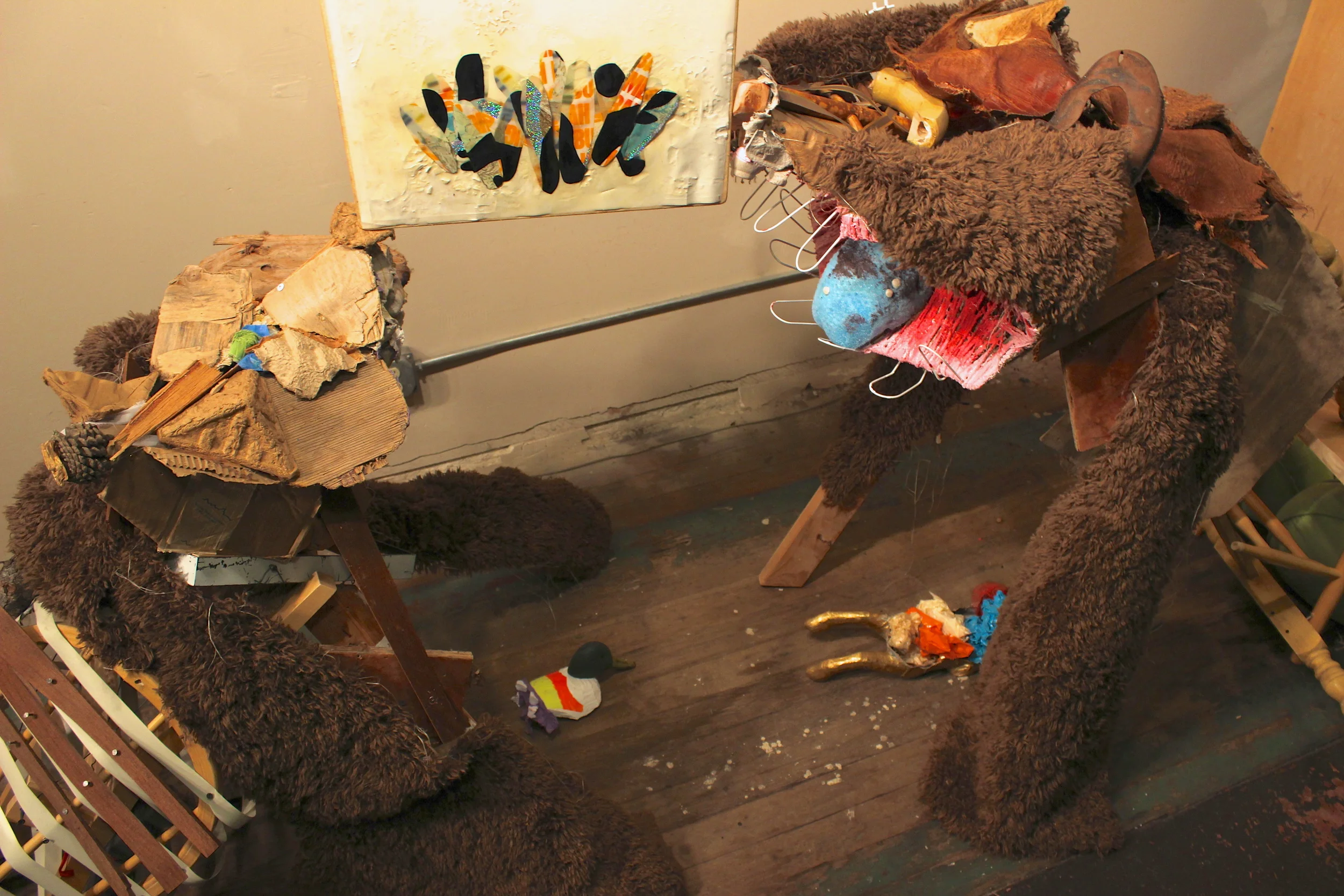   Bears  (detail), rug, wood, foam, found materials  2D work: Jessica Baer  8' x 5' x 4'   