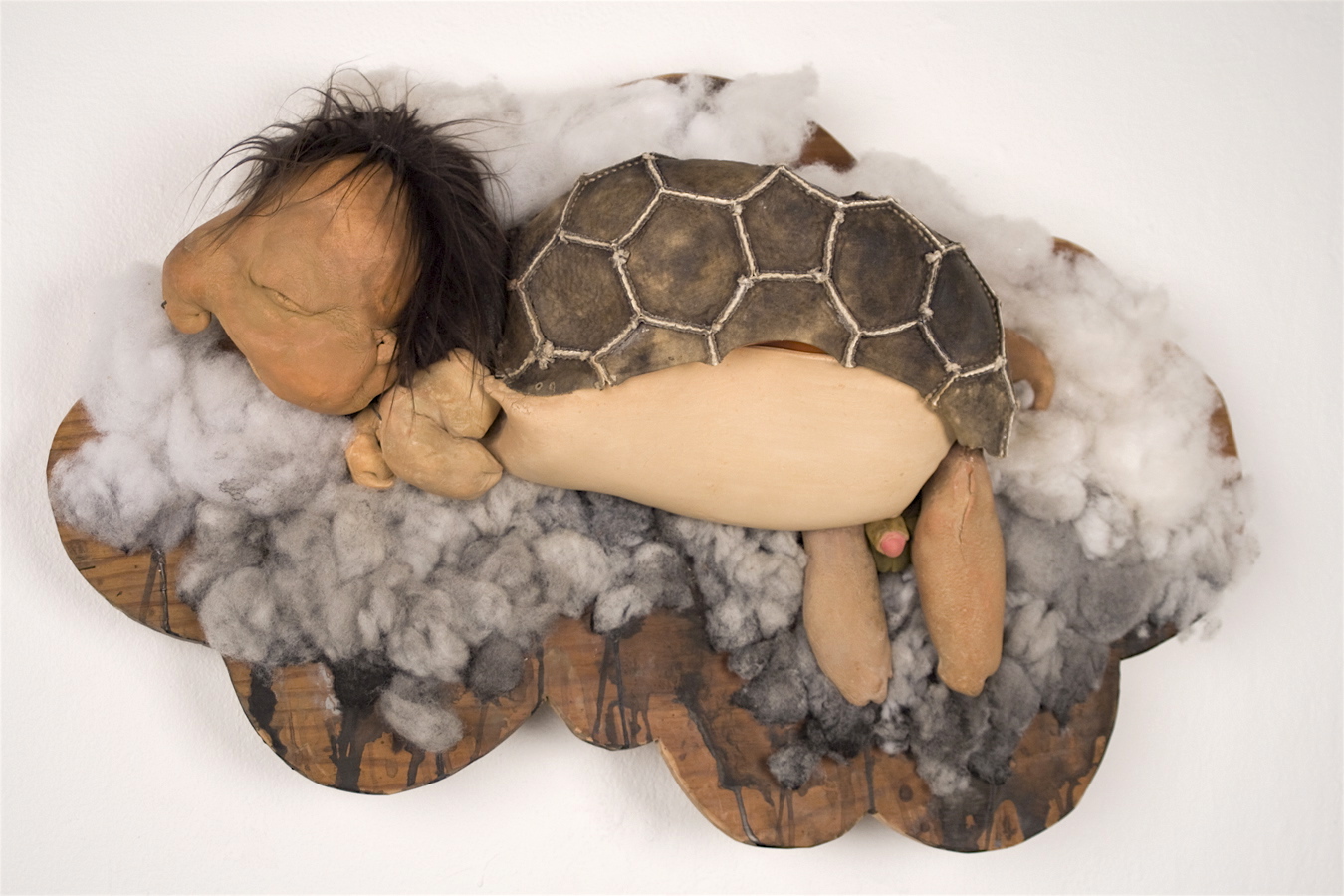   Turtle , stoneware, reversed soccer ball, hair, stuffing, paint on wood, 24” x 36” x 8”, 2007 