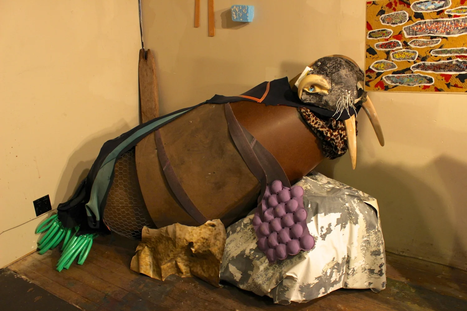   Walrus ( detail of  Great North American Bird Dog) , collaboration with Jessica Baer: 2-D work, 2012, foam, paint, wood, found materials, 10' x 5' x 3', 2012       