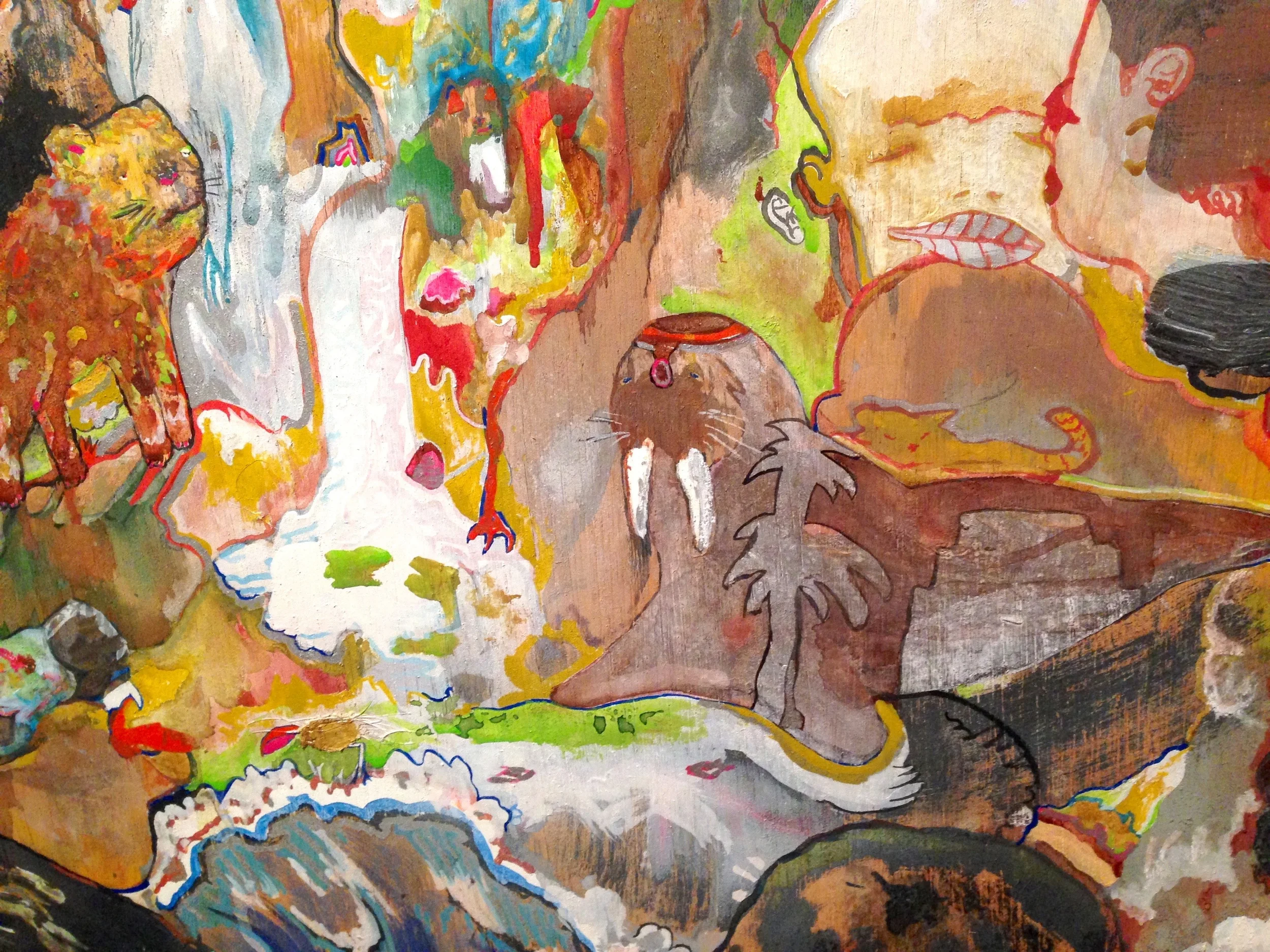   Animal Gossip,  gouache, acrylic, enamel, and pen, 48” x 30” 