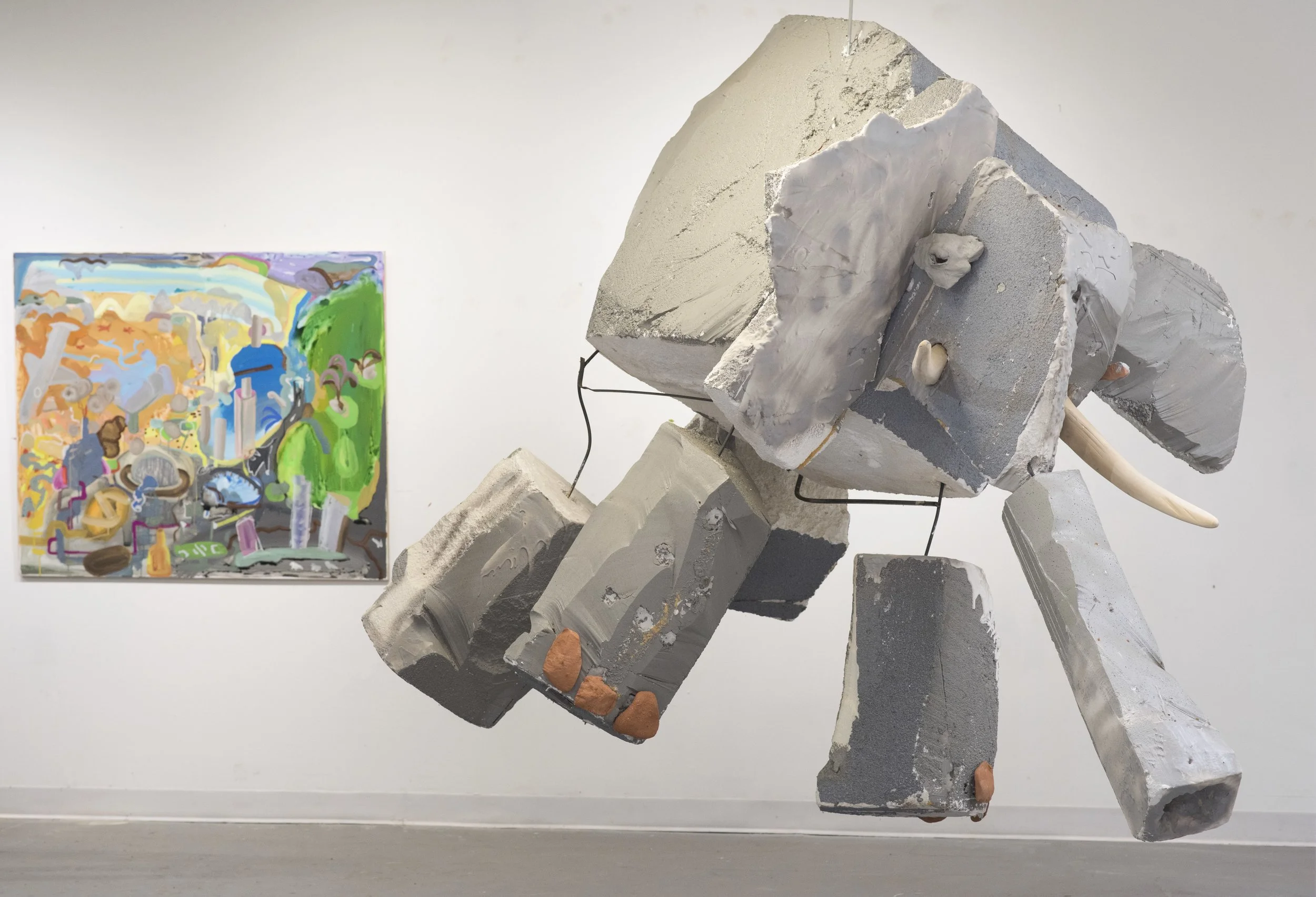  Hurdles,  found styrofoam, wood, ceramics, metal, plaster, deck paint, spray paint, acrylic, 7’ x 8’ x 7’           and Mutations    