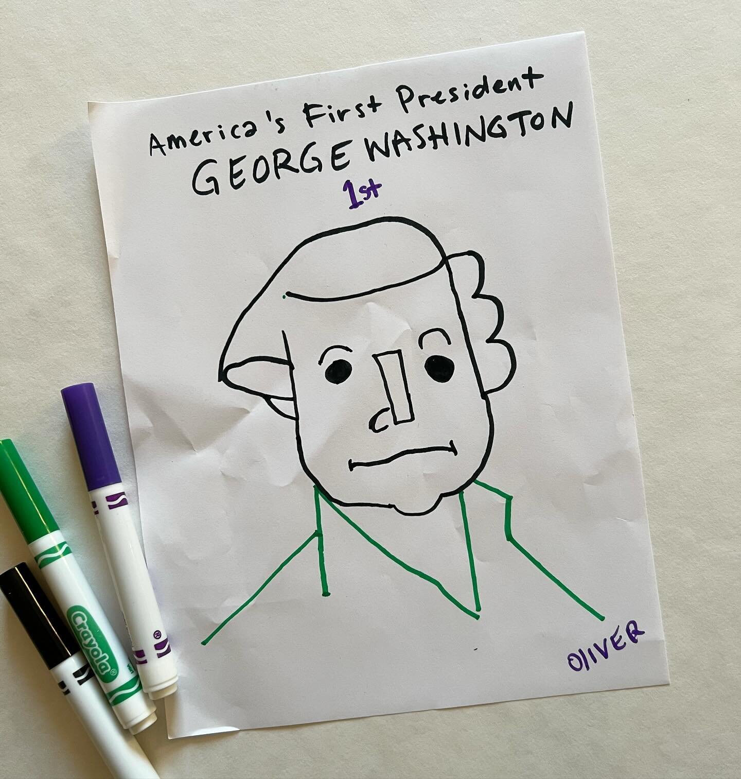 My 6 year olds first attempt at drawing George Washington for a school project. His second attempt was even better but didn&rsquo;t get a pic of it before he took it to school but he&rsquo;s got some talent. Wonder who his influence is? 🤔😂