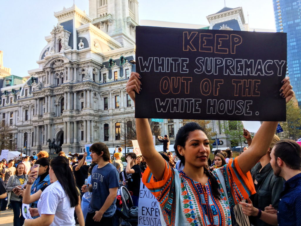 A woman protests during a demonstration in November in Philadelphia. (Credit: Alexa Smith)