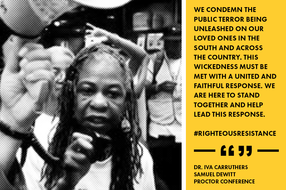 “The legacy of racial terror in the south is well documented,” said Dr. Iva Carruthers, general secretary of the Samuel DeWitt Proctor Conference. “Our conference, The Samuel DeWitt Proctor Conference is named after one of the black church champions for justice. In this spirit and legacy, we condemn the public terror being unleashed on our loved ones in the South and across the country. This wickedness must be met with a united and faithful response. We are here to stand together and help lead this response.”