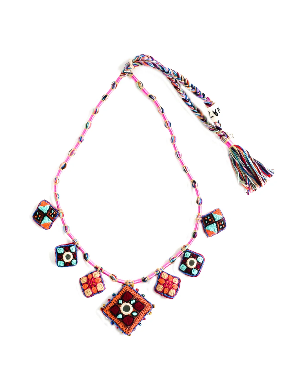 Marvi hand embroidered tribal necklace (M) - Orange, red, pink, turquoise