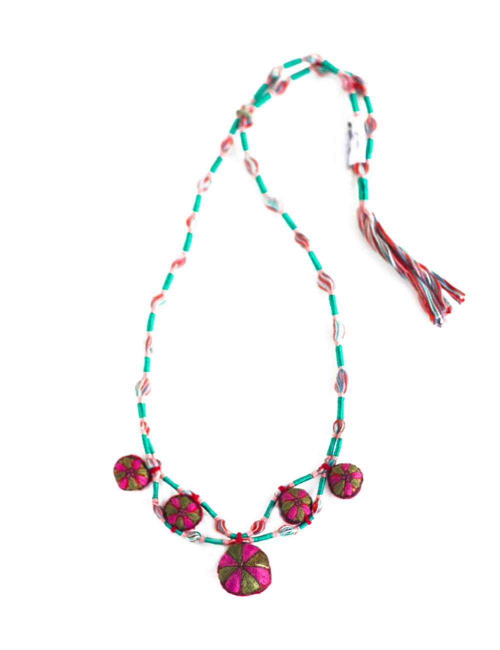 Bhagul hand embroidered tribal necklace - Greens, pink