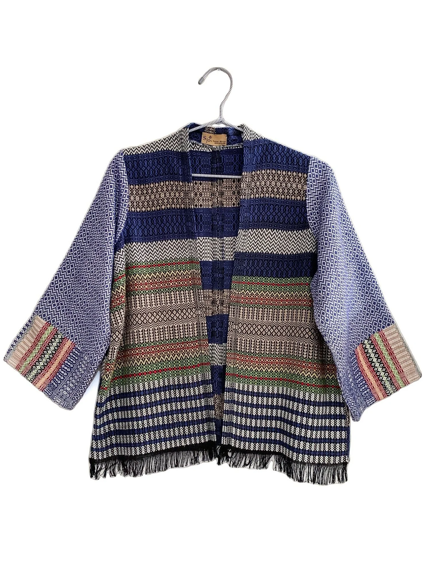 Handwoven Kheis Panel Jacket - Blue beige 3/4 sleeve