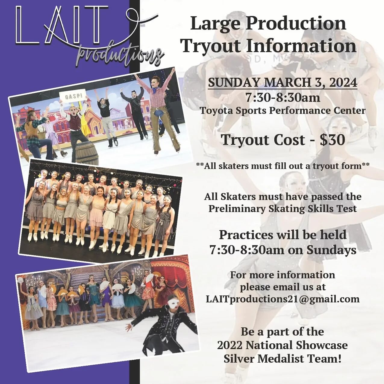 🚨 ATTENTION! 🚨 Info for #LAITProductions tryouts is out now. If you're interested in participating in a large production team for National Showcase 2024, here's your chance! 

Tryout form link is in our bio. See you there! 

#losangelesicetheater #