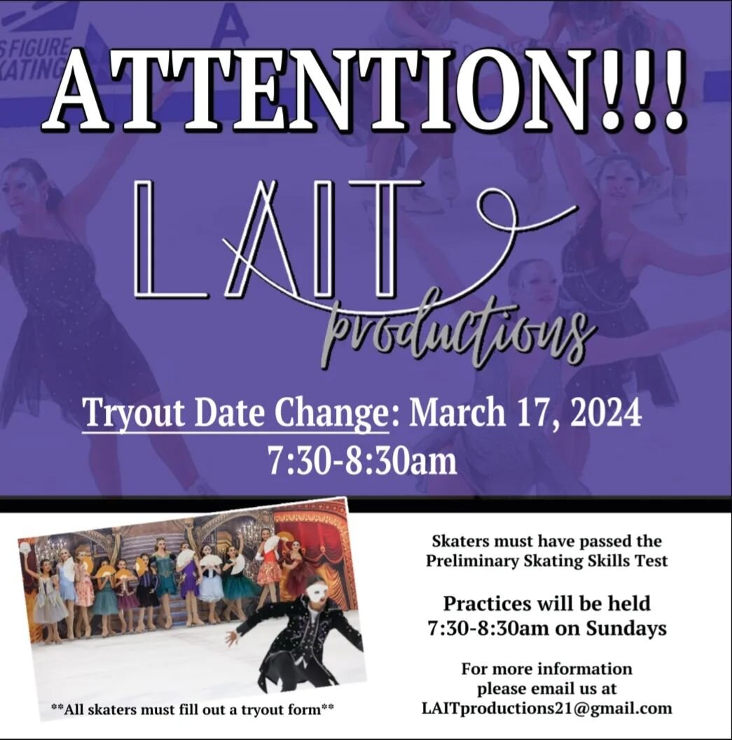 🚨 DATE CHANGE! 🚨

Due to a scheduling conflict, we will be moving our LAIT Productions tryouts to March 17, 2024 (previously March 3). If you already signed up, you should have received an email regarding the change. If you haven't yet, what are yo