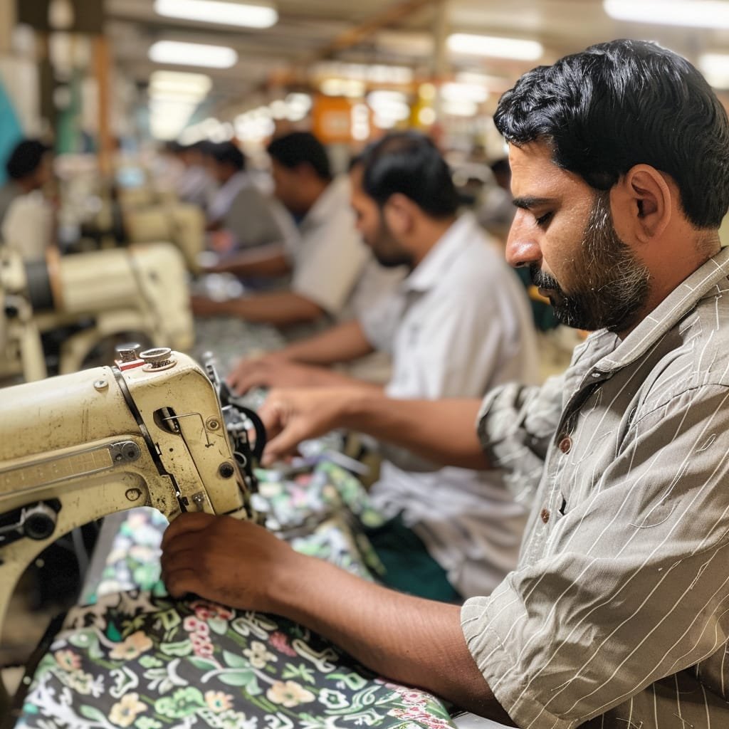 Workers in a factory operating sewing machines, focusing on one individual in the foreground sewing patterned fabric, with others working in the background.