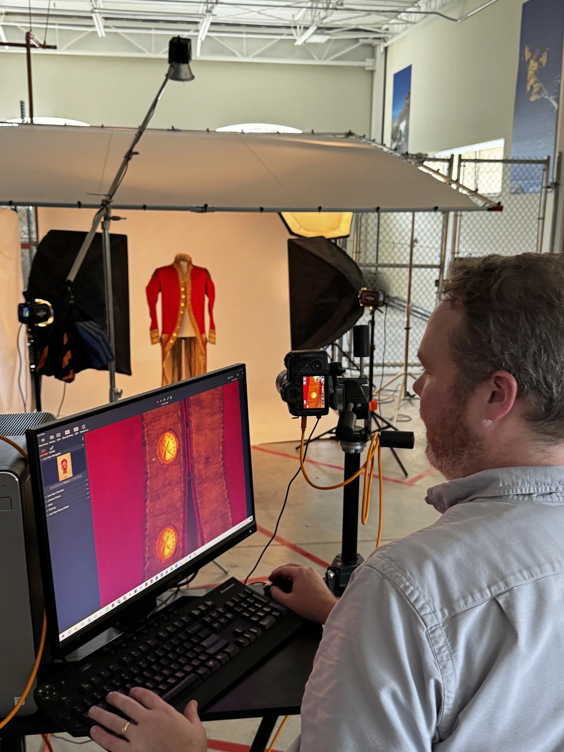Tethered capture of the Red Coat's gold lace and buttons on a calibrated monitor during 360 artifact photography
