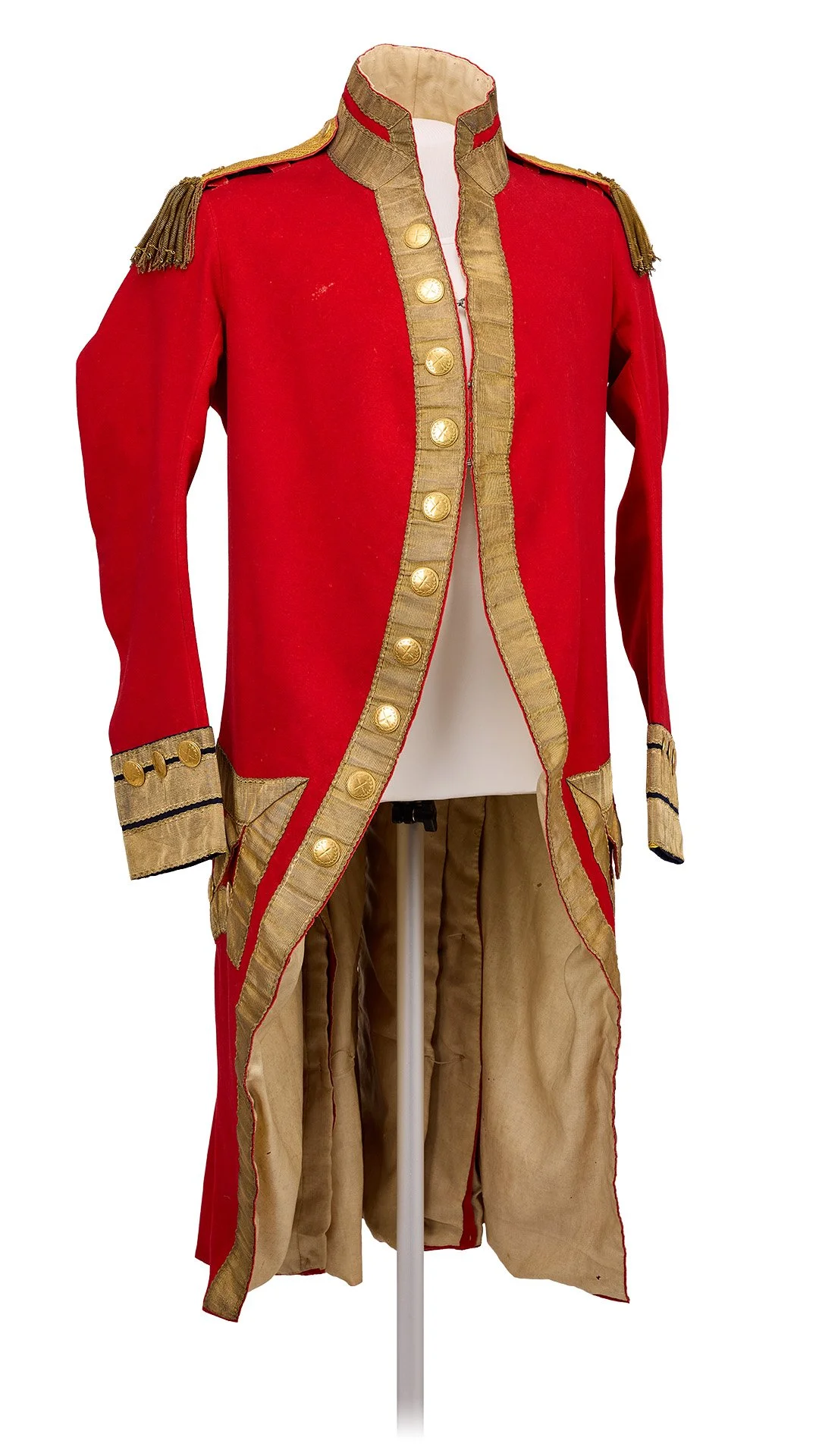 Authentic Revolutionary War British Red Coat with gold lace on a museum mannequin, photographed in 360° by Kepchar, LLC