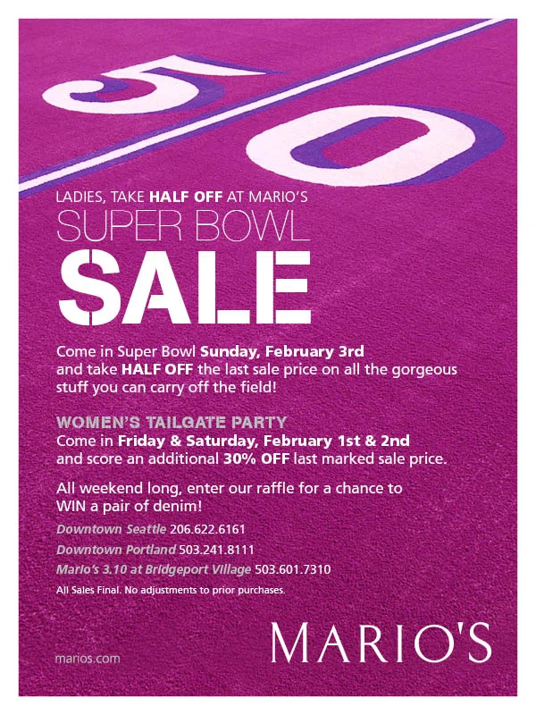   Mario's Superbowl Sale, women's&nbsp;postcard.&nbsp;  