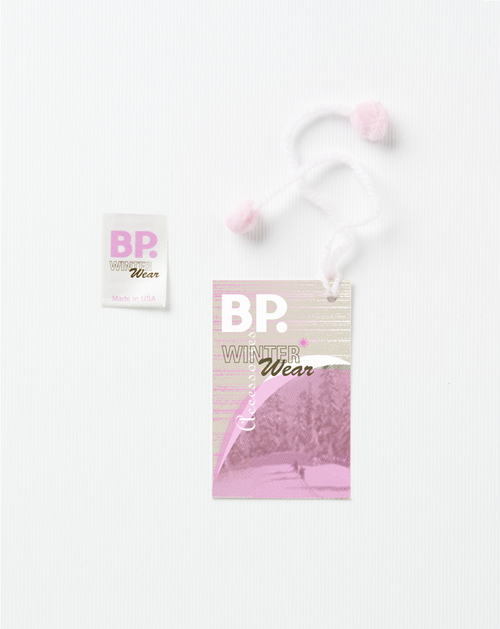  BP Winter Wear, logo, label and hangtag with pom poms. 