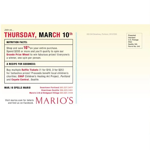  Mario's MAR.10, annual charity event postcard.    