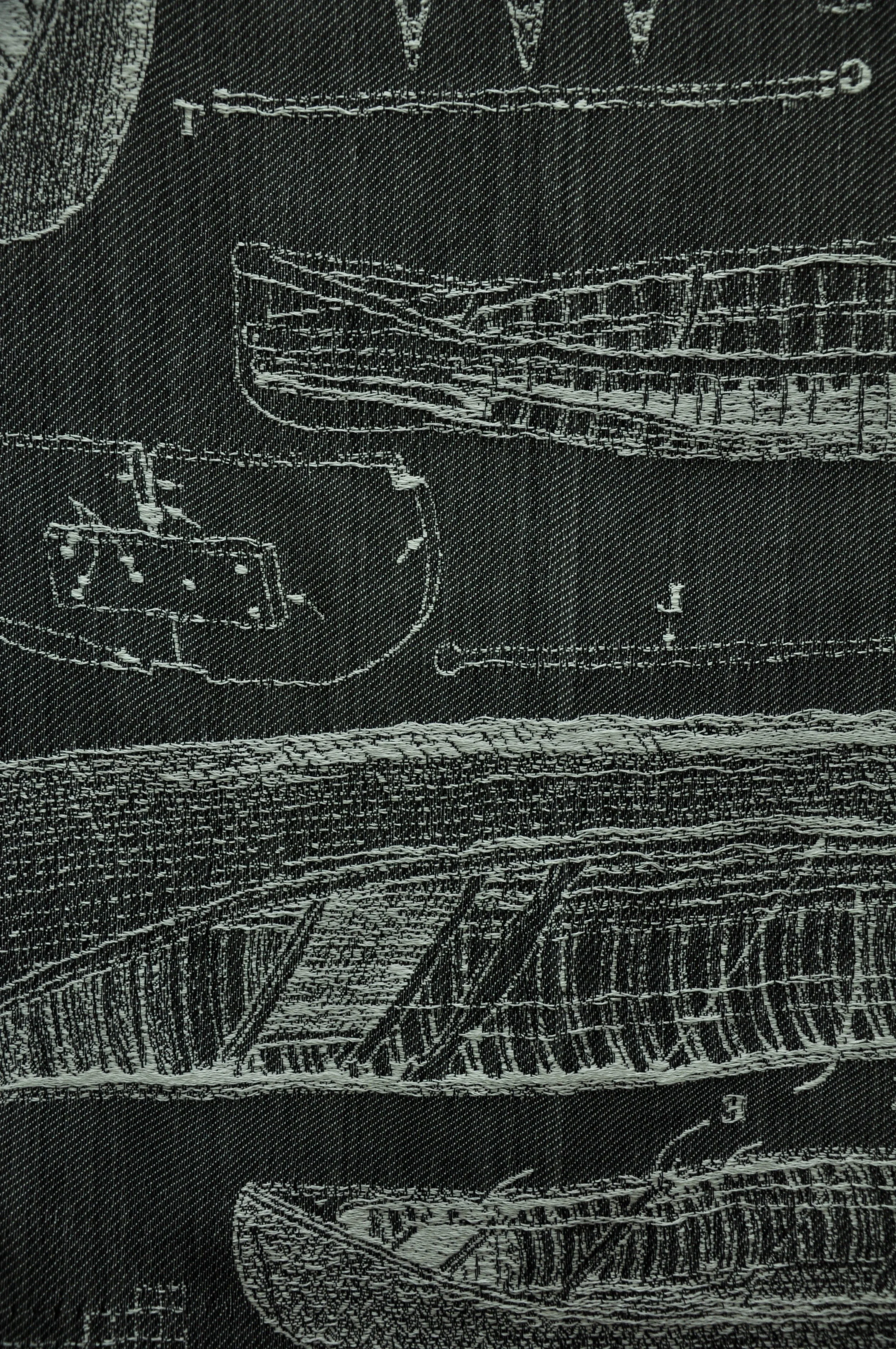   If I was a 'real' Canadian, I would know how to build a canoe , Jacquard Weaving Detail, 45 x 62 inches (2014)   photo: Eric Tschaeppeler.&nbsp;    photographed at:&nbsp;Les Ateliers Jean Brillant, Montreal    OK OK OK  : an mfa thesis exhibition. 