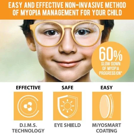 An informational graphic about non-invasive myopia management for children, featuring a smiling child with glasses. Highlights include 60% slow down of myopia progression, effective D.I.M.S. technology, eye shield safety, and easy MiYOSMART coating.