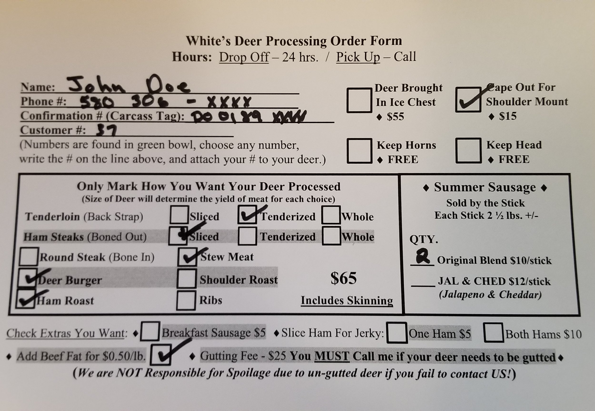 sample order forms whites deer processing sample order forms
